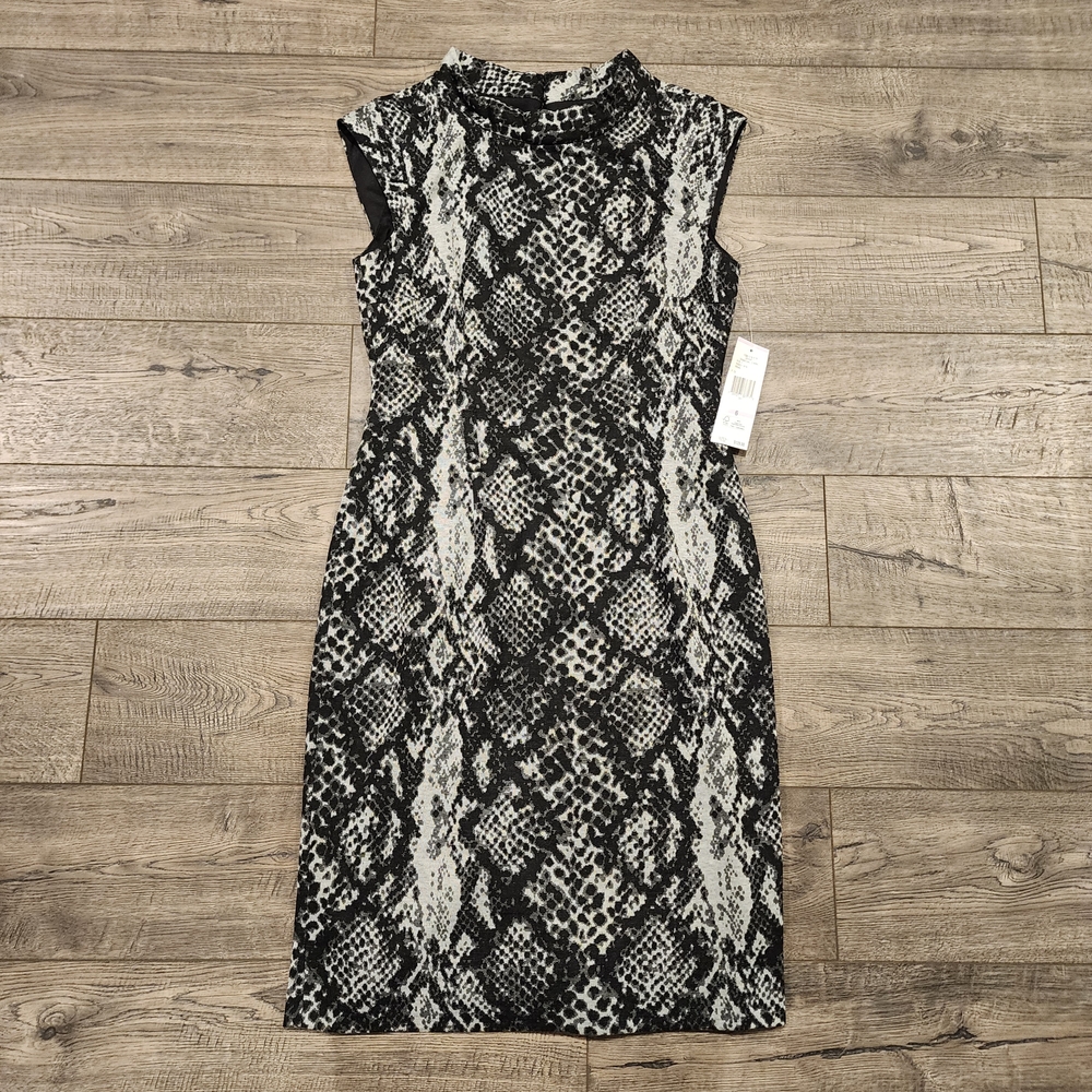 Nine West Amanda Cap Sleeve Ponte Knit Dress Charcoal Combo Snake Print Sz 6